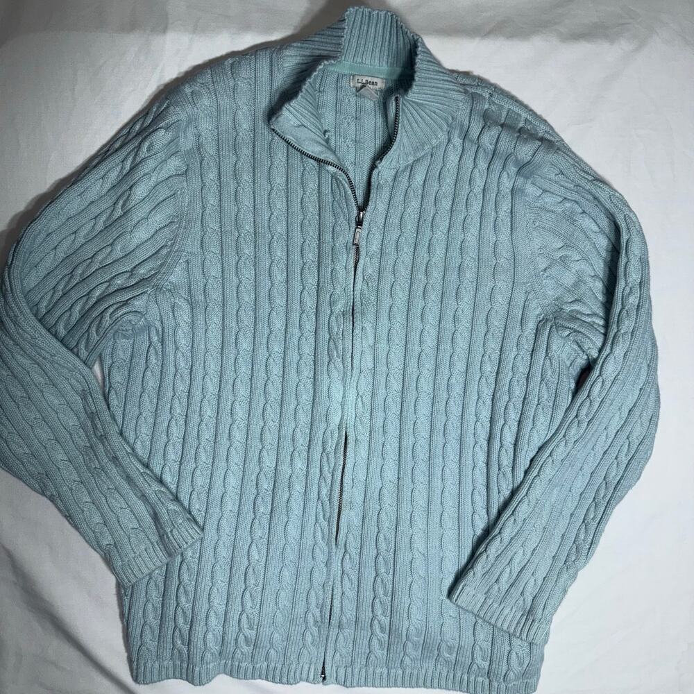 L.L.Bean Cable Knit Sweater Full Zip 100% Cotton Blue Cardigan Women’s 22” P2P